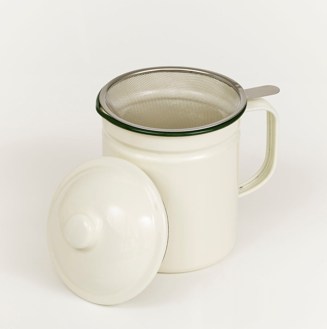 Enamel Oil Pot with green rim and stainless steel filter