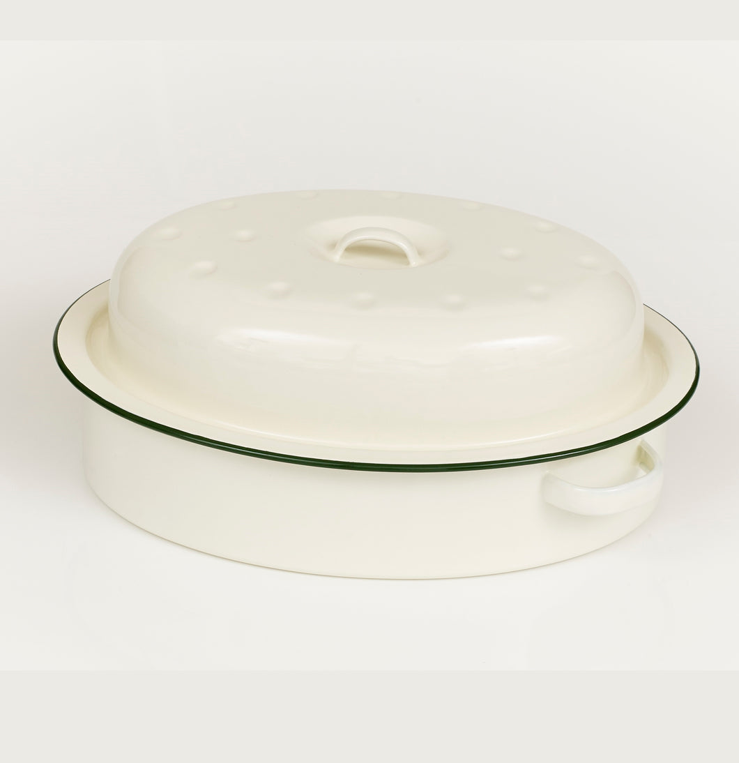 Enamel Oval Roaster 36cm with green rim